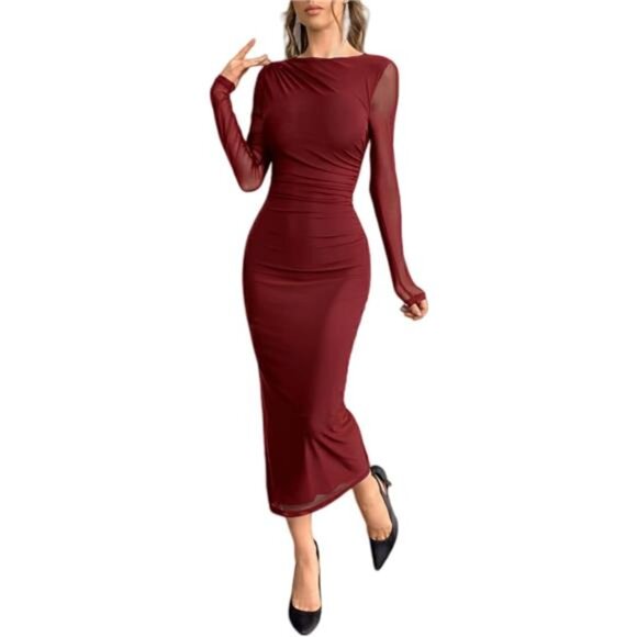 Women's Long Sleeve Dress Elegant Classy wine Red - Picture 1 of 7